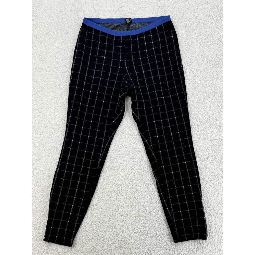 HUE Windowpane Plaid Leggings Women Size L Black White Ankle Zip Blue Trim